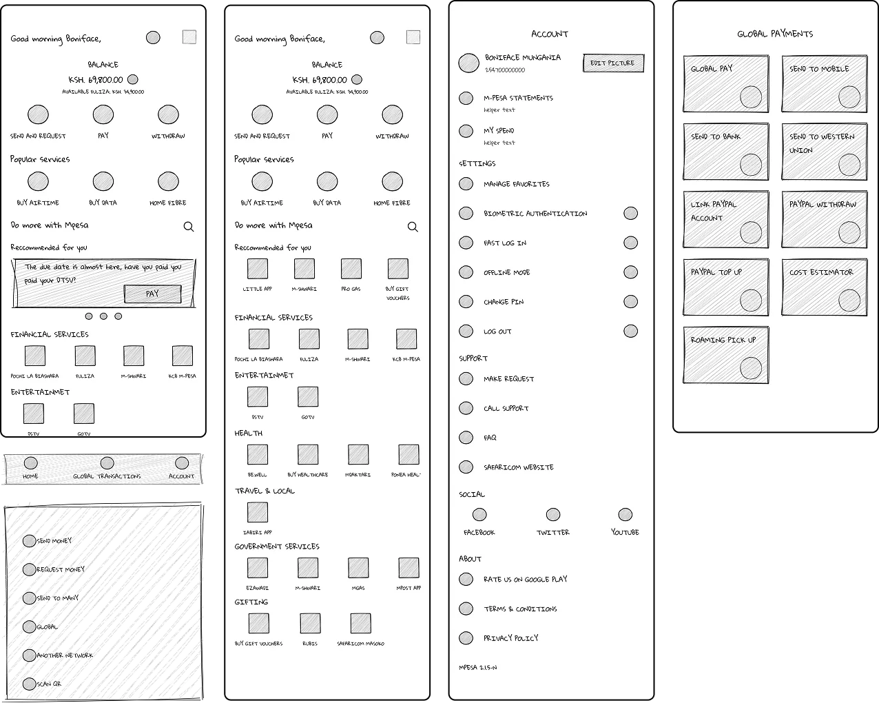 Concept 1 wireframes showing home, services tab, account, and global payments screens