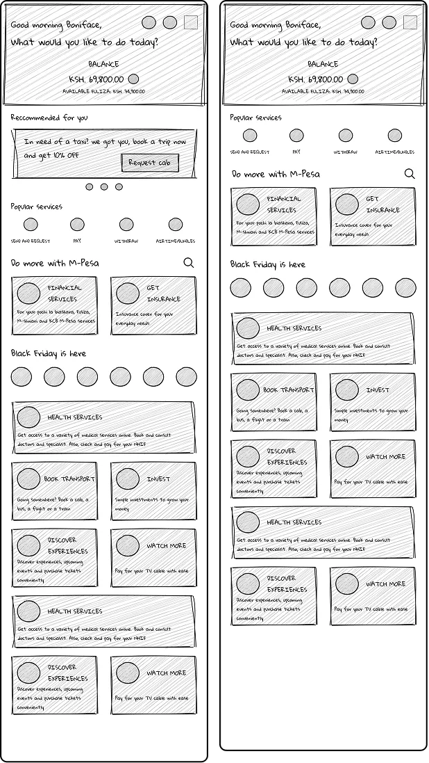 Concept 2 wireframes exploring stories and bucketed services
