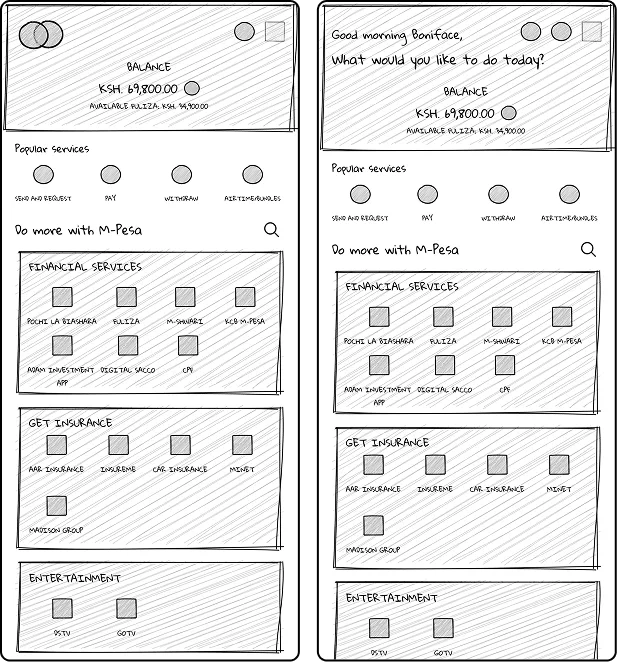 Concept 3 wireframes with grouped service buckets