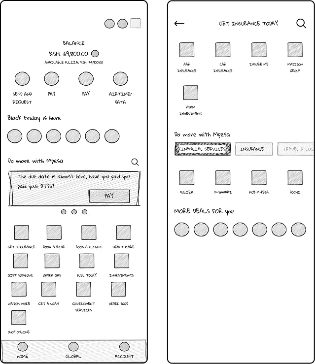 Concept 4 wireframes with categorized navigation