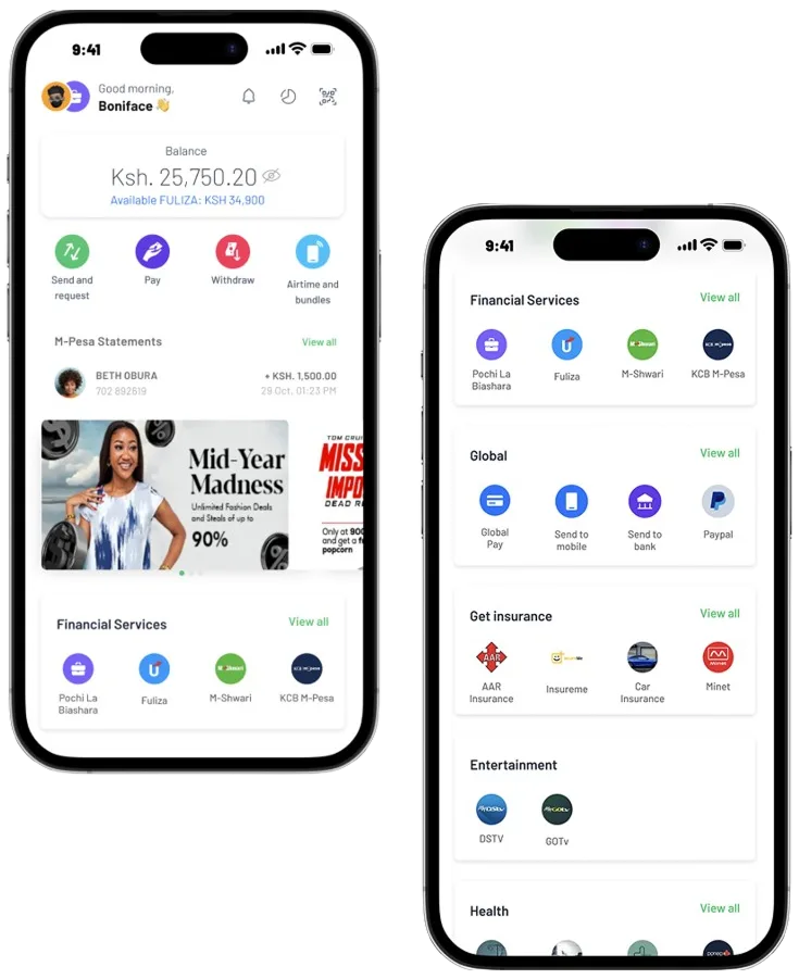 M-PESA Super App homepage screens showing balance, quick actions, and mini app categories