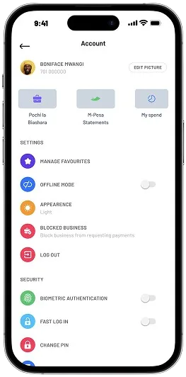 High-fidelity account screen with profile, statements, my spend and settings