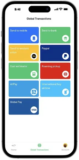 High-fidelity global transactions tab with colored tiles for each service