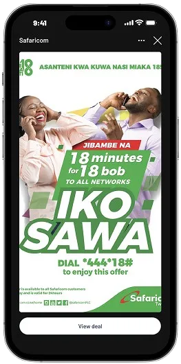 High-fidelity stories screen showing a Safaricom deal with a View deal button